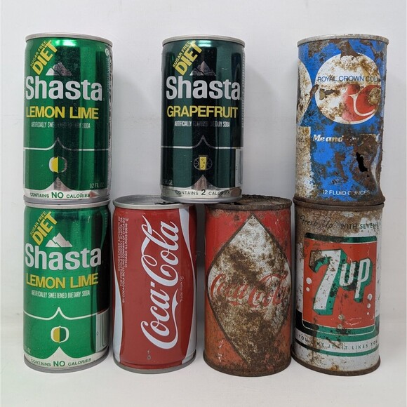 VTG Steel Soda Can Collection Coca Cola Diamond Coke Shasta RC 7up Distressed